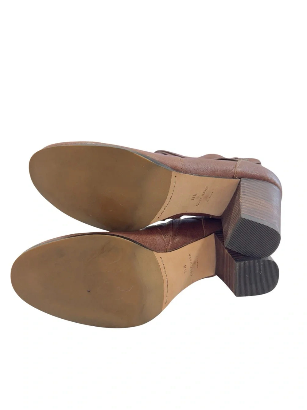 Cole Haan Brown Leather Ankle Booties Size 11B Block Heel Buckle Strap side zip
